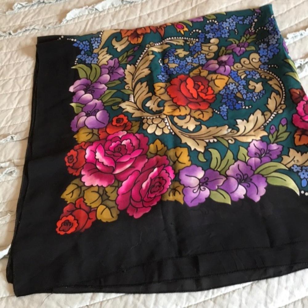Vintage Floral Black Silk scarf - 36” Square